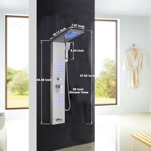 Shower Panel Contemporary Shower Tower with LED Shower Head System Full Body Shower Jets Wall Mounted Shower Panels Stainless Steel Shower Faucet Set  Brushed Nickel