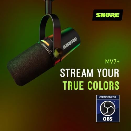 Shure MV7  Dynamic Microphone   USB C & XLR Podcast Mic for Streaming  Recording & Broadcasting  OBS Certified  Auto Level Mode  Digital Pop Filter  LED Panel  Black