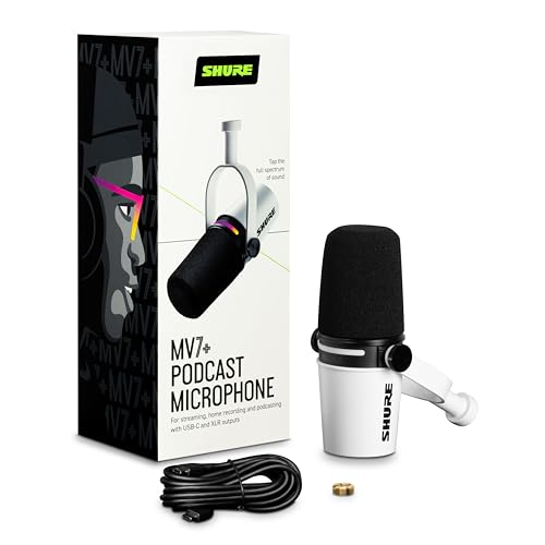 Shure MV7  Podcast Dynamic Microphone  OBS Certified  Enhanced Audio  LED Touch Panel  USB C & XLR Outputs  Auto Level Mode  Digital Pop Filter  Reverb Effects  Podcasting  Streaming  Recording  White