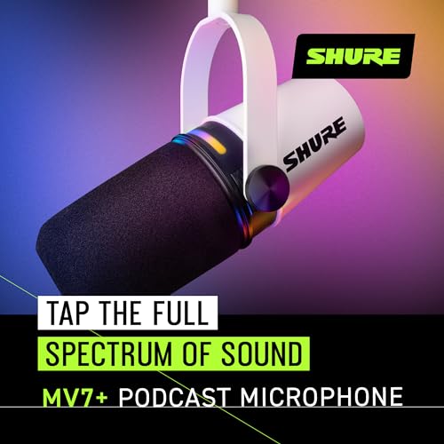 Shure MV7  Podcast Dynamic Microphone  OBS Certified  Enhanced Audio  LED Touch Panel  USB C & XLR Outputs  Auto Level Mode  Digital Pop Filter  Reverb Effects  Podcasting  Streaming  Recording  White