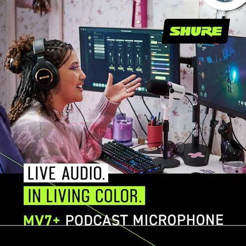 Shure MV7  Podcast Dynamic Microphone   OBS Certified  Enhanced Audio  LED Panel  USB C & XLR Outputs  Auto Level Mode  Digital Pop Filter  Reverb Effects   For Podcasting  Streaming  Recording  White