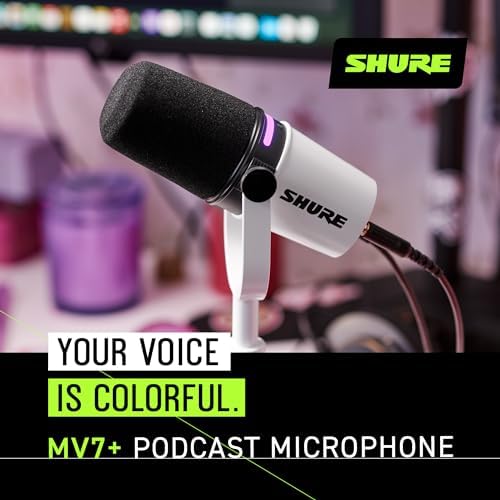 Shure MV7  Podcast Dynamic Microphone   OBS Certified  Enhanced Audio  LED Panel  USB C & XLR Outputs  Auto Level Mode  Digital Pop Filter  Reverb Effects   For Podcasting  Streaming  Recording  White