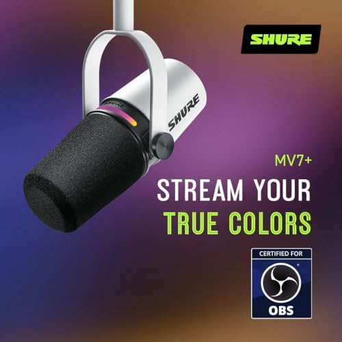 Shure MV7  Podcast Dynamic Microphone   OBS Certified  Enhanced Audio  LED Panel  USB C & XLR Outputs  Auto Level Mode  Digital Pop Filter  Reverb Effects   For Podcasting  Streaming  Recording  White