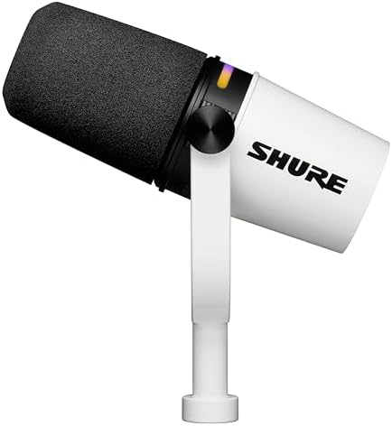Shure MV7  Podcast Dynamic Microphone   OBS Certified  Enhanced Audio  LED Panel  USB C & XLR Outputs  Auto Level Mode  Digital Pop Filter  Reverb Effects   For Podcasting  Streaming  Recording  White