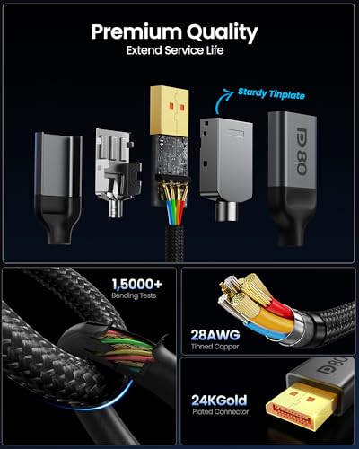 Silkland 80Gbps DisplayPort Cable 2 1 6 6FT/2M  VESA Certified    8K 240Hz  4K 540Hz 360Hz 240Hz  DP 2 1 Cable 16K  DP80 HDR DSC HDCP  Display Port Cord Compatible DP 1 4  Gaming Monitor 5090 9070XT