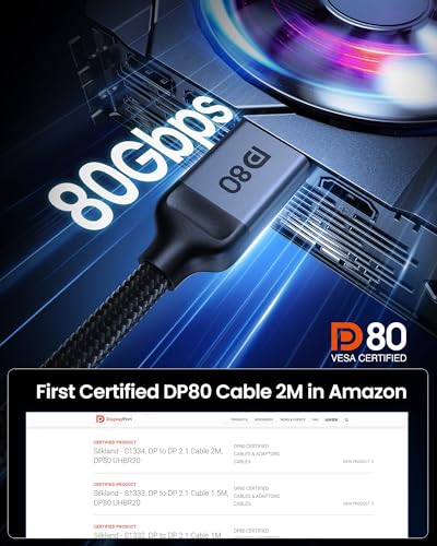Silkland 80Gbps DisplayPort Cable 2 1 6 6FT/2M  VESA Certified    8K 240Hz  4K 540Hz 360Hz 240Hz  DP 2 1 Cable 16K  DP80 HDR DSC HDCP  Display Port Cord Compatible DP 1 4  Gaming Monitor 5090 9070XT