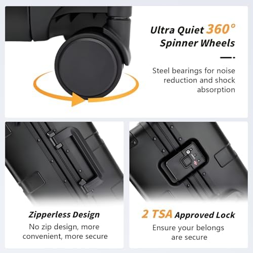 Simcat All Aluminum Carry On Luggage  20 Inch Hard Shell Zipperless Luggages Airline Approved Suitcase with TSA Lock and Silent Wheels  Black 20inch/56 5x21 5x39 5cm 