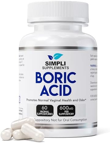 Simpli Supplements Boric Acid Suppositories for Women 600mg   60 Count   Vaginal pH Balance Support   Feminine Care   Helps Maintain Freshness & Odor Control