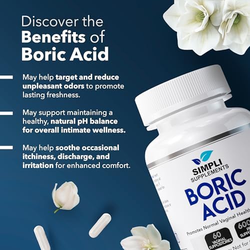 Simpli Supplements Boric Acid Suppositories for Women 600mg   60 Count   Vaginal pH Balance Support   Feminine Care   Helps Maintain Freshness & Odor Control