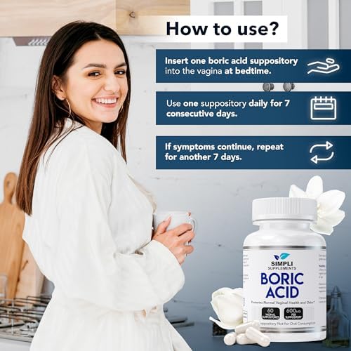 Simpli Supplements Boric Acid Suppositories for Women 600mg   60 Count   Vaginal pH Balance Support   Feminine Care   Helps Maintain Freshness & Odor Control