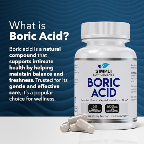 Simpli Supplements Boric Acid Suppositories for Women 600mg   60 Count   Vaginal pH Balance Support   Feminine Care   Helps Maintain Freshness & Odor Control