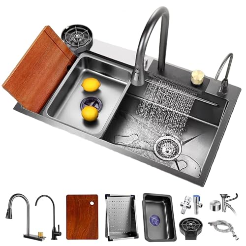 Fregadero de acero inoxidable 304 fregadero de cocina cuadrado negro volador cascada fregadero de estación de trabajo con grifo desplegable y lavadora de tazas (Negro, 31.5 x 17.7 pulgadas)