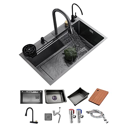 Fregadero de acero inoxidable 304 fregadero de cocina cuadrado negro volador cascada fregadero de estación de trabajo con grifo desplegable y lavadora de tazas (Negro, 31.5 x 17.7 pulgadas)