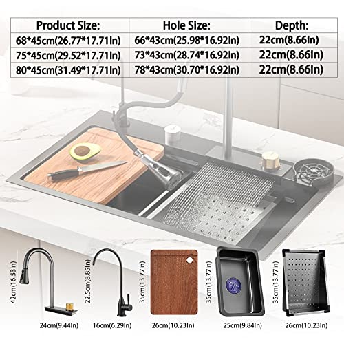 Fregadero de acero inoxidable 304 fregadero de cocina cuadrado negro volador cascada fregadero de estación de trabajo con grifo desplegable y lavadora de tazas (Negro, 31.5 x 17.7 pulgadas)