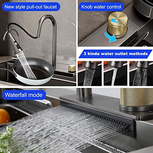 Fregadero de acero inoxidable 304 fregadero de cocina cuadrado negro volador cascada fregadero de estación de trabajo con grifo desplegable y lavadora de tazas (Negro, 31.5 x 17.7 pulgadas)