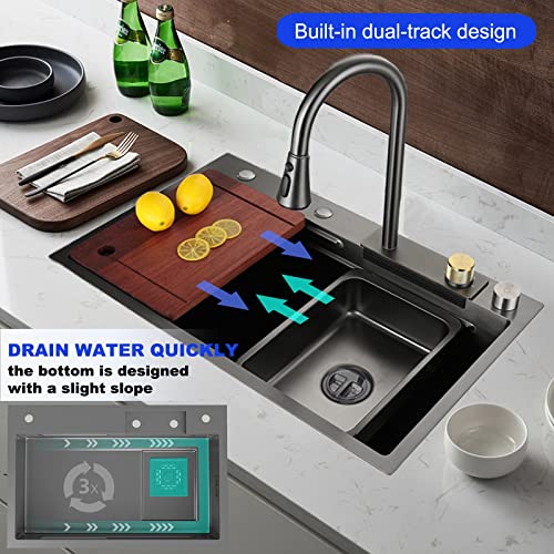 Fregadero de acero inoxidable 304 fregadero de cocina cuadrado negro volador cascada fregadero de estación de trabajo con grifo desplegable y lavadora de tazas (Negro, 31.5 x 17.7 pulgadas)