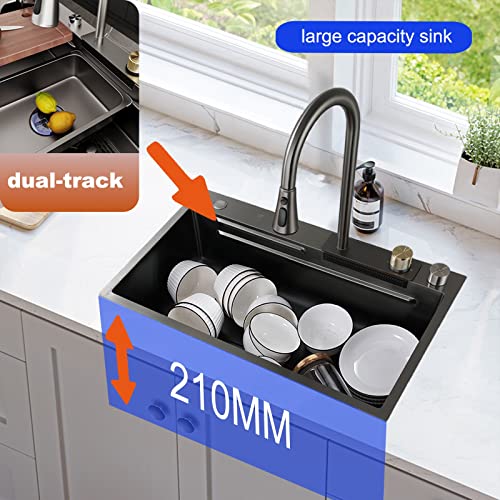 Fregadero de acero inoxidable 304 fregadero de cocina cuadrado negro volador cascada fregadero de estación de trabajo con grifo desplegable y lavadora de tazas (Negro, 31.5 x 17.7 pulgadas)
