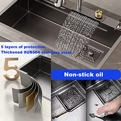 Fregadero de acero inoxidable 304 fregadero de cocina cuadrado negro volador cascada fregadero de estación de trabajo con grifo desplegable y lavadora de tazas (Negro, 31.5 x 17.7 pulgadas)