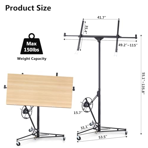 Skepphlay Drywall Lift 11ft  Sheetrock Lift Drywall Lift with Telescopic Arm & Rolling Casters  Versatile Drywall Hoist for 360  Adjustability  Drywall Jack Lift for Ceiling and Wall Work Black