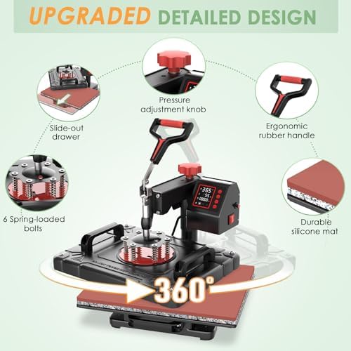 Slendor 5 in 1 Heat Press Machine 12x15 inch Sublimation Heat Press 360  Swing Away Heat Transfer Digital T Shirt Pressing with 30OZ 20OZ Tumbler Press  Multifunction Combo for Hat Cap Plate