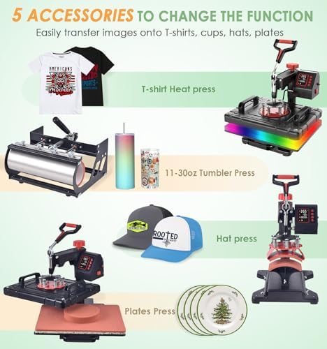 Slendor 5 in 1 Heat Press Machine 12x15 inch Sublimation Heat Press 360  Swing Away Heat Transfer Digital T Shirt Pressing with 30OZ 20OZ Tumbler Press  Multifunction Combo for Hat Cap Plate