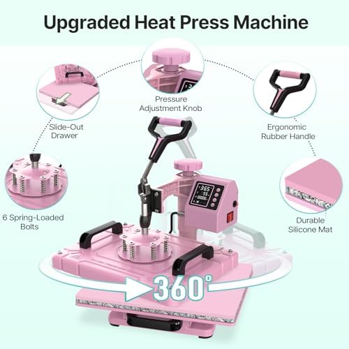 Slendor 5 in 1 Heat Press Machine 12x15 inch Sublimation Heat Press 360  Swing Away Heat Transfer Digital T Shirt Pressing with 30OZ 20OZ Tumbler Press  Multifunction Combo for Hat Cap Plate