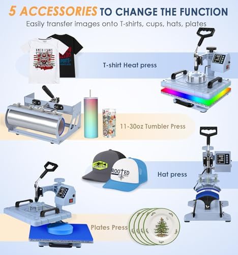 Slendor 5 in 1 Heat Press Machine 12x15 inch Sublimation Heat Press 360  Swing Away Heat Transfer Digital T Shirt Pressing with 30OZ 20OZ Tumbler Press  Multifunction Combo for Hat Cap Plate