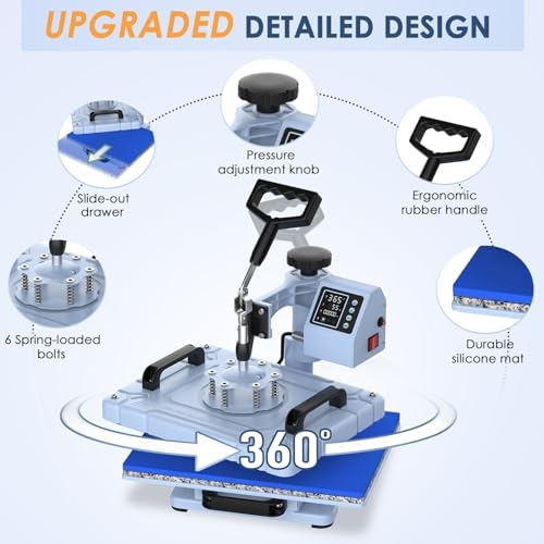 Slendor 5 in 1 Heat Press Machine 12x15 inch Sublimation Heat Press 360  Swing Away Heat Transfer Digital T Shirt Pressing with 30OZ 20OZ Tumbler Press  Multifunction Combo for Hat Cap Plate
