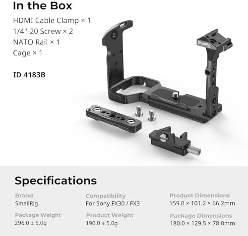 SmallRig Cage for Sony FX30 FX3 FX3A with Cable Clamp for HDMI  Classic Bright Black Surface  Included Cold Shoe and NATO Rail  Modular Design Compatible with Original XLR Handle
