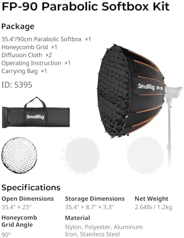 SmallRig FP 90 35 4 Parabolic Softbox with Bowens Mount for Studio Photography  Quick Release Soft Box with Honeycomb Grid  Diffusers  for SMALLRIG RC 220 pro  for Neewer for Godox for Aputure   5395