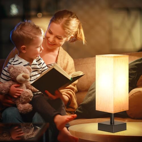 Small Table Lamp for Bedroom   Bedside Lamps for Nightstand  Minimalist Night Stand Light Lamp with Square Fabric Shade  Desk Reading Lamp for Kids Room Living Room Office Dorm