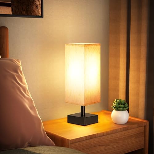 Small Table Lamp for Bedroom   Bedside Lamps for Nightstand  Minimalist Night Stand Light Lamp with Square Fabric Shade  Desk Reading Lamp for Kids Room Living Room Office Dorm