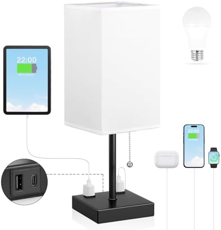 Small Table Lamp for Bedroom   Bedside Lamps for Nightstand  Minimalist Night Stand Light Lamp with Square Fabric Shade  Desk Reading Lamp for Kids Room Living Room Office Dorm