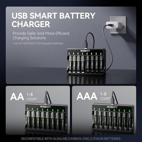 Smart 8 Bay AA AAA Battery Charger  Over Discharge Damage Repair  USB Type C Fast Charging for Ni MH Ni CD Rechargeable Batteries