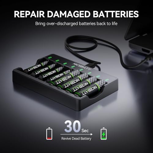 Smart 8 Bay AA AAA Battery Charger  Over Discharge Damage Repair  USB Type C Fast Charging for Ni MH Ni CD Rechargeable Batteries