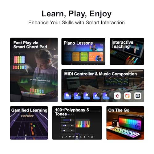 Smart Piano Keyboard 59 Key Digital Piano for Beginners Rainbow LED Lights&Free Apps 256 Voices 100  Auto Chords MIDI Support Portable Piano Keyboard Gift for Birthdays or Holidays
