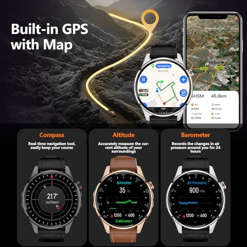 Smart Watch for Men Built in GPS with Map Answer/Make Call/Text   1 46 AI Smartwatch for Android Phones/iPhone  100  Sport Mode Fitness Tracker with Health/Sleep Monitor  Compass/Barometer 2 Straps 