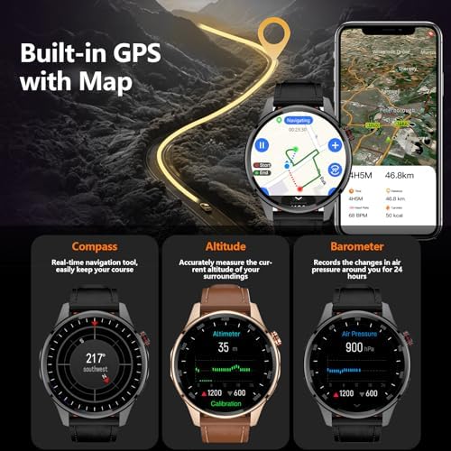 Smart Watch for Men Built in GPS with Map Answer/Make Call/Text   1 46 AI Smartwatch for Android Phones/iPhone  100  Sport Mode Fitness Tracker with Health/Sleep Monitor  Compass/Barometer 2 Straps 