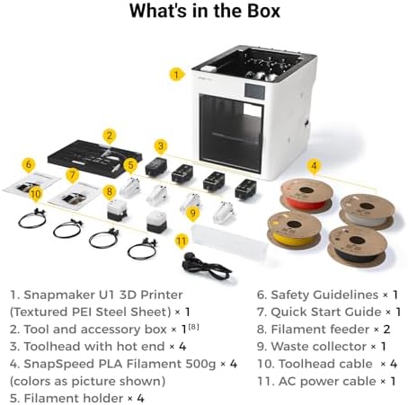 Snapmaker U1 3D Printer Multi Color 4 Toolhead with 5 Seconds Tool Change MultiColor Printing with 5X More Speed and 5X Less Waste Smart Calibration CoreXY 500mm/s Speed 270x270x270mm Large Build Size