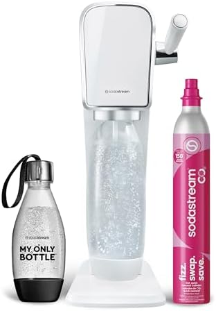 SodaStream   ART Sparkling Water Maker   STARTER KIT   CQC CO2 system   Includes 1x CO2 Cylinder  1x32 & 1x16 Fl Oz Dishwasher Safe Bottles   Combine with Pepsi Flavors   White