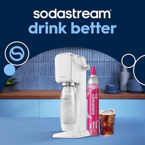 SodaStream   ART Sparkling Water Maker   STARTER KIT   CQC CO2 system   Includes 1x CO2 Cylinder  1x32 & 1x16 Fl Oz Dishwasher Safe Bottles   Combine with Pepsi Flavors   White