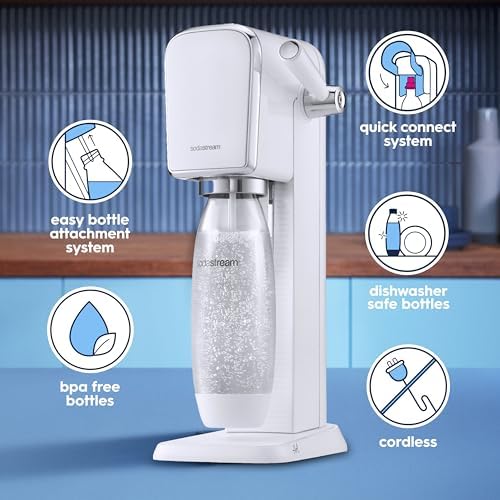 SodaStream   ART Sparkling Water Maker   STARTER KIT   CQC CO2 system   Includes 1x CO2 Cylinder  1x32 & 1x16 Fl Oz Dishwasher Safe Bottles   Combine with Pepsi Flavors   White