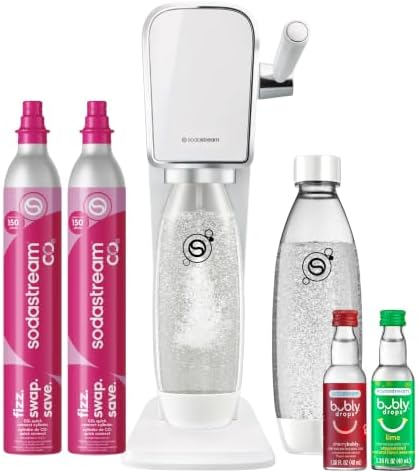SodaStream   ART Sparkling Water Maker   STARTER KIT   CQC CO2 system   Includes 1x CO2 Cylinder  1x32 & 1x16 Fl Oz Dishwasher Safe Bottles   Combine with Pepsi Flavors   White