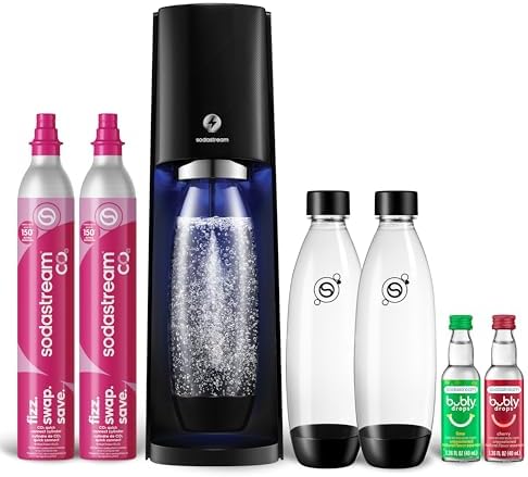 SodaStream   E TERRA Soda Maker   VALUE BUNDLE   3 Automatic Carbonation Levels   Includes 2x CO2 Cylinders  3x 32 Fl Oz Dishwasher Safe Bottles  2x Bubly Fruit Flavor Drops  1x Power Adapter   Black