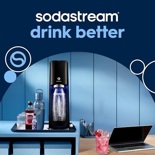 SodaStream   E TERRA Soda Maker   VALUE BUNDLE   3 Automatic Carbonation Levels   Includes 2x CO2 Cylinders  3x 32 Fl Oz Dishwasher Safe Bottles  2x Bubly Fruit Flavor Drops  1x Power Adapter   Black
