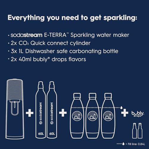 SodaStream   E TERRA Soda Maker   VALUE BUNDLE   3 Automatic Carbonation Levels   Includes 2x CO2 Cylinders  3x 32 Fl Oz Dishwasher Safe Bottles  2x Bubly Fruit Flavor Drops  1x Power Adapter   Black