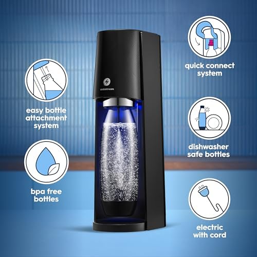 SodaStream   E TERRA Soda Maker   VALUE BUNDLE   3 Automatic Carbonation Levels   Includes 2x CO2 Cylinders  3x 32 Fl Oz Dishwasher Safe Bottles  2x Bubly Fruit Flavor Drops  1x Power Adapter   Black