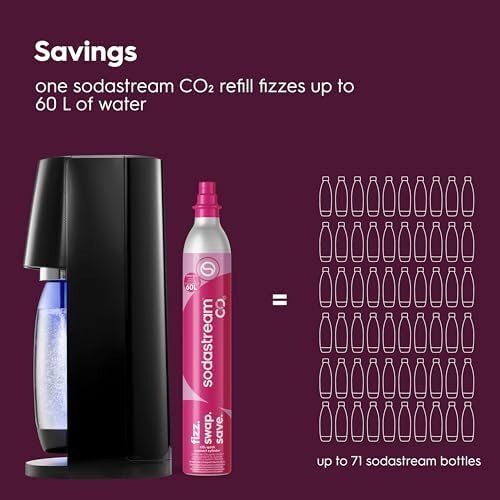 SodaStream   E TERRA Soda Maker   VALUE BUNDLE   3 Automatic Carbonation Levels   Includes 2x CO2 Cylinders  3x 32 Fl Oz Dishwasher Safe Bottles  2x Bubly Fruit Flavor Drops  1x Power Adapter   Black