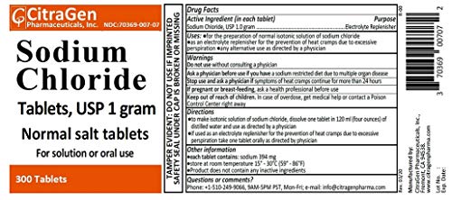 Sodium Chloride Tablets 1 gm  USP Normal Salt Tablets   300 Tablets  1 Pack of 300 Tablets  by CitraGen Pharmaceuticals  Inc 