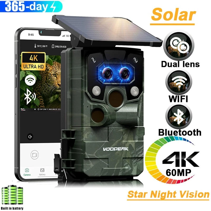 Solar Trail Camera WiFi 4K Wildlife 60MP Hunting Game Starlight Vision Dual Lens